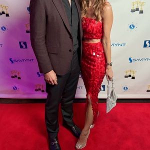 House of Harlow two piece red sequin skirt set